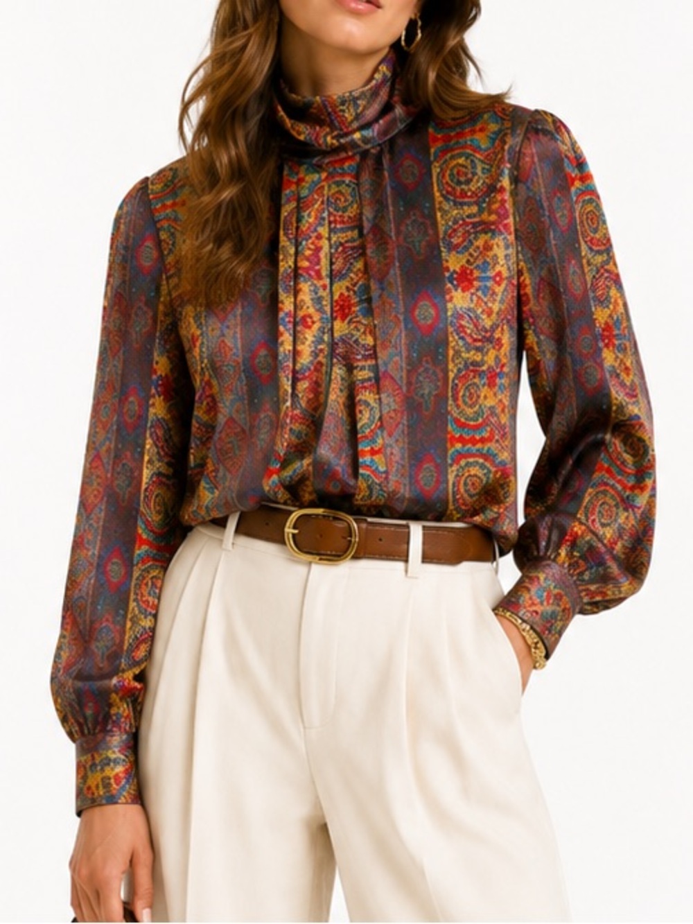 Nicola Vintage 80’s Paisley Multi-Color Satin Long Sleeve Blouse Size 6